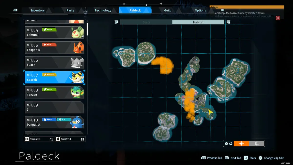 The Sparkit habitat map in Palworld.