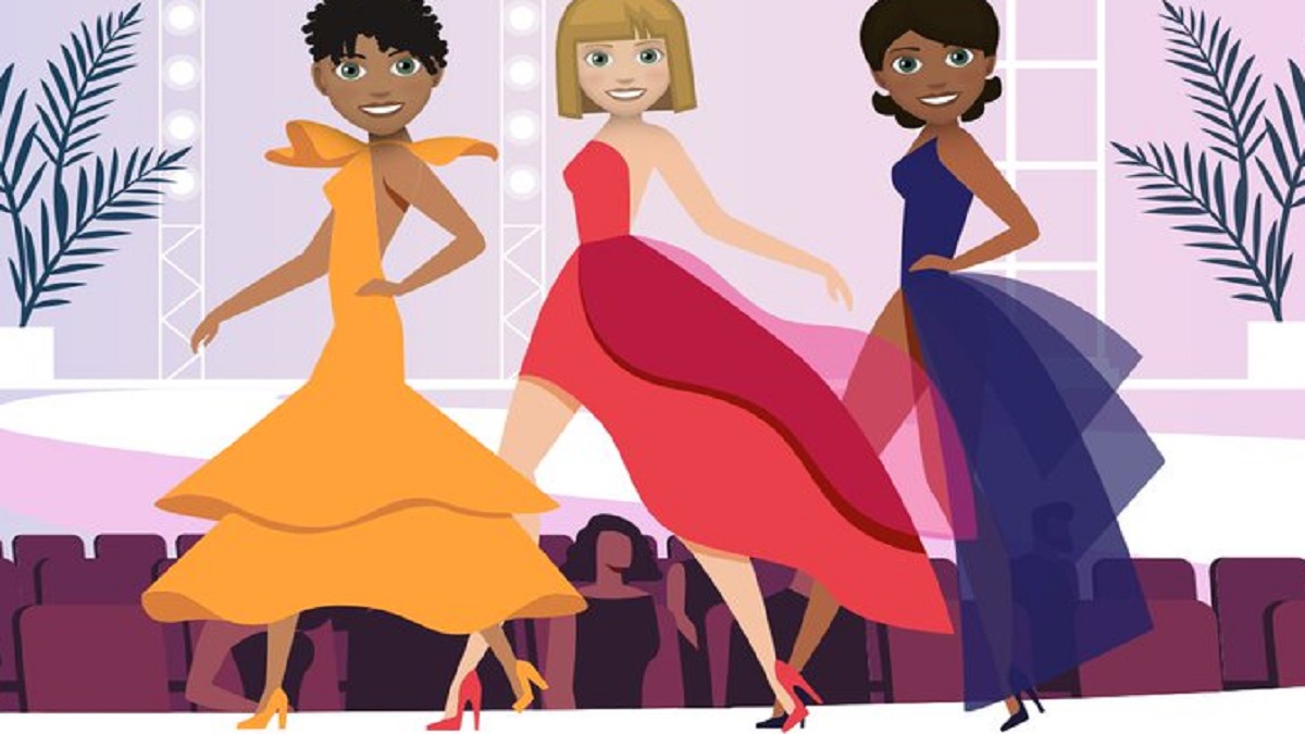 Three women on a runway in fancy dresses