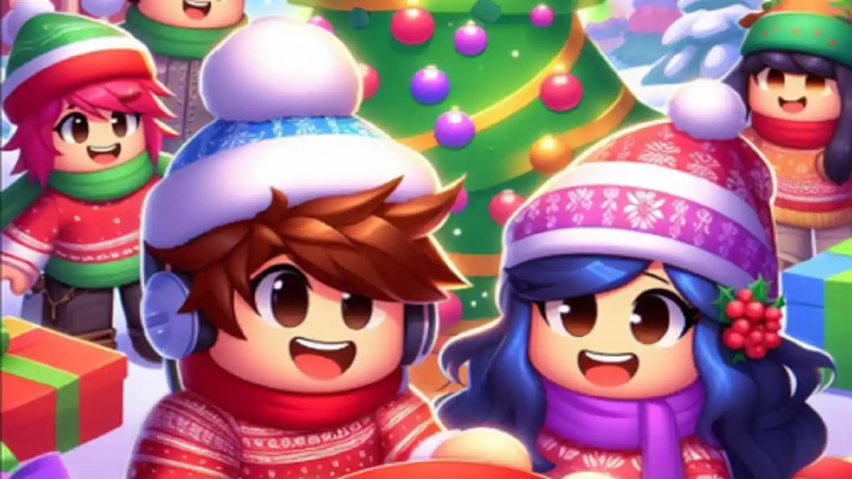 Characters in winter outfits with a decorated tree behind them