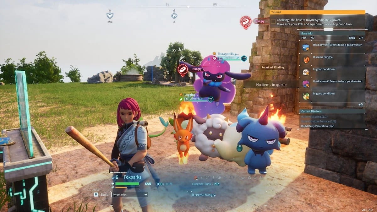 the player character in palworld standing in front of her various pals