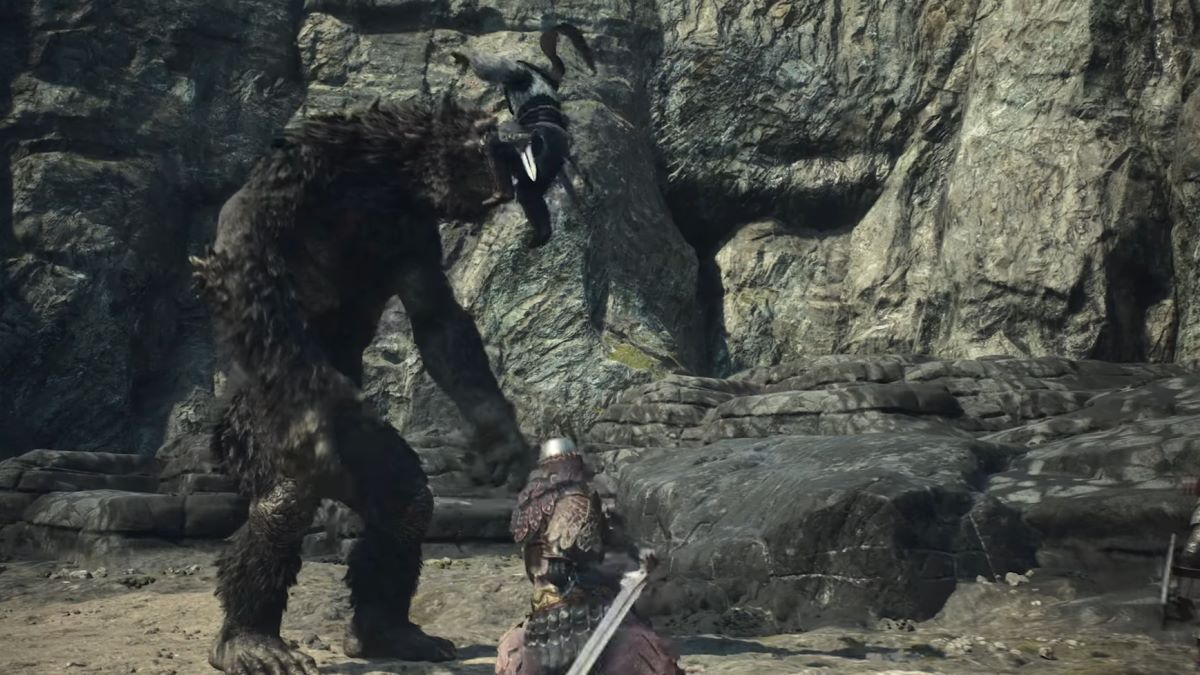 A player and pawn fighting a beast in Dragon's Dogma 2