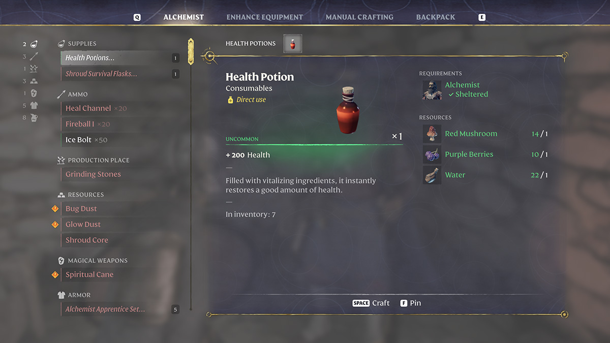 The Health Potion craft screen in Enshrouded