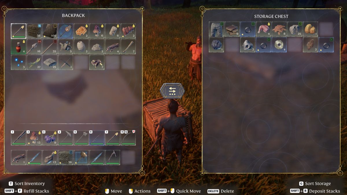 The player transferring items from inventory to chest in Enshrouded
