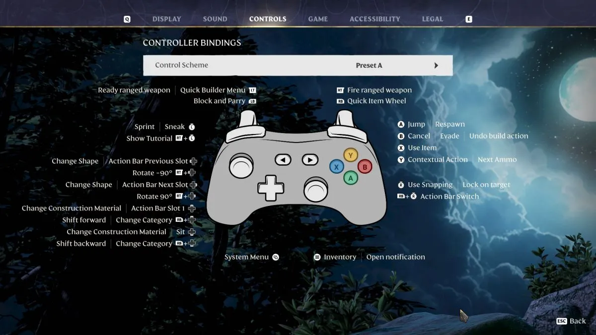 Preset A controls for Xbox in Enshrouded