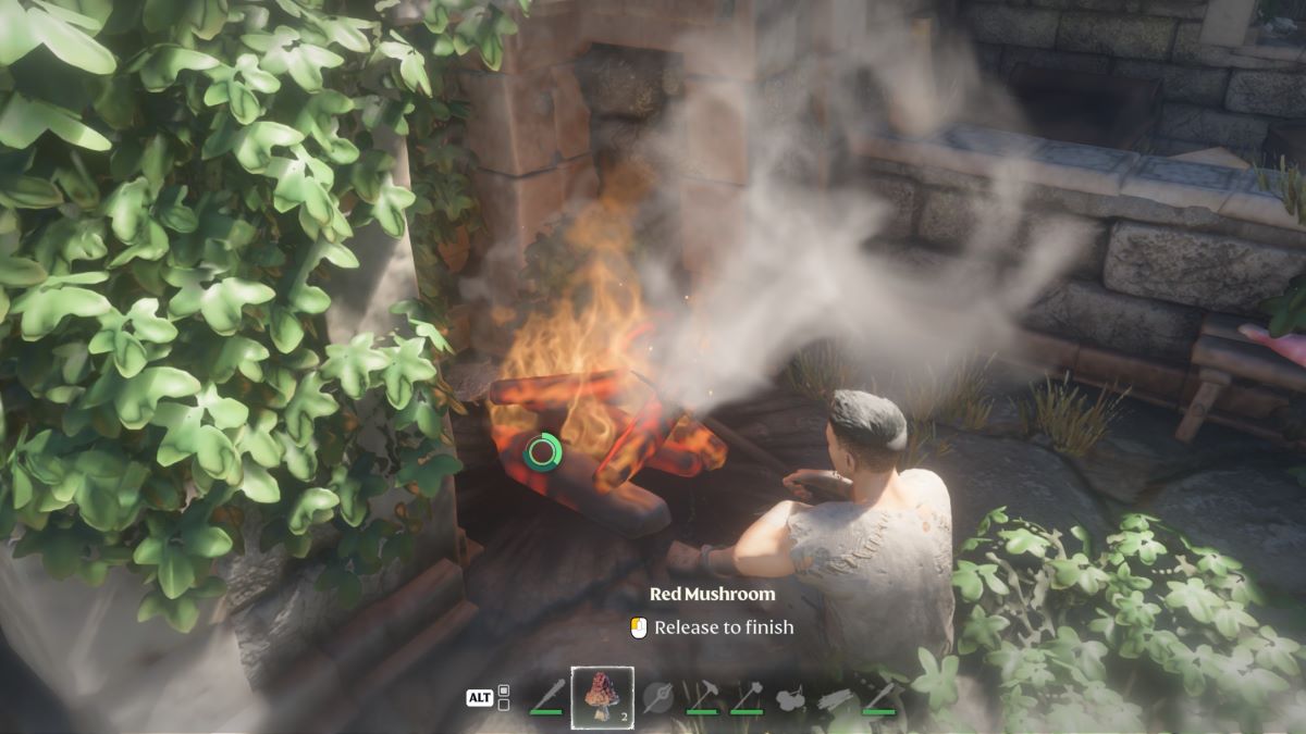 The player cooking red mushrooms in Enshrouded