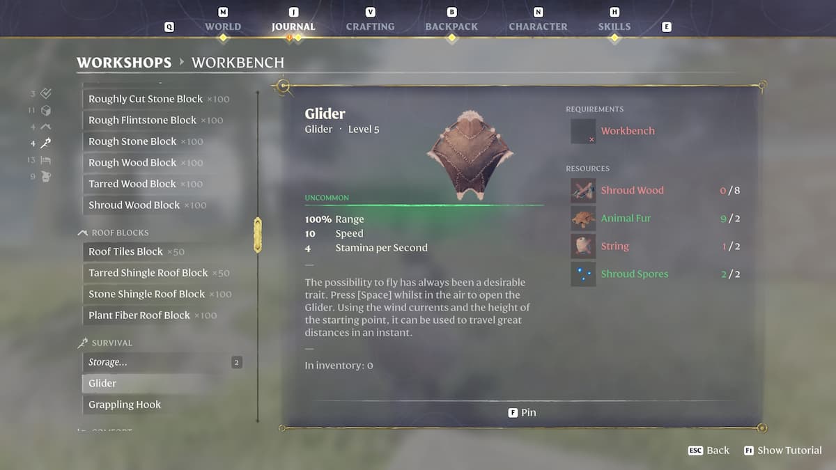 Glider crafting requirements. 
