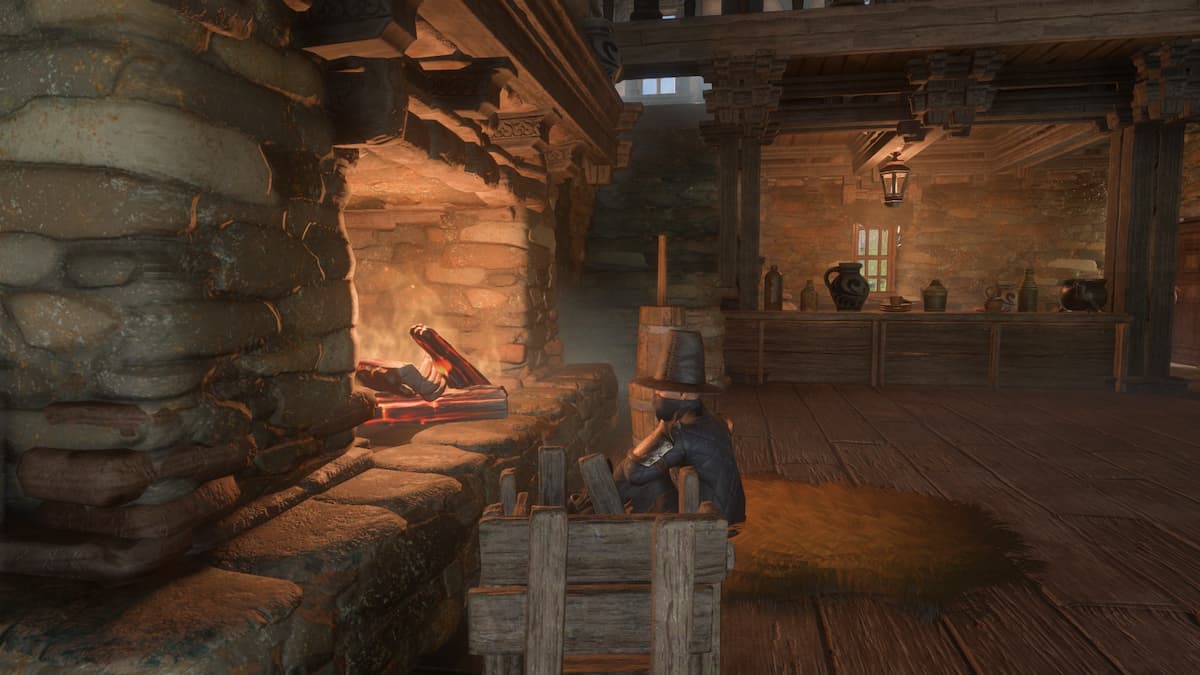 Character sitting in front of fire in Blue Goblet tavern.