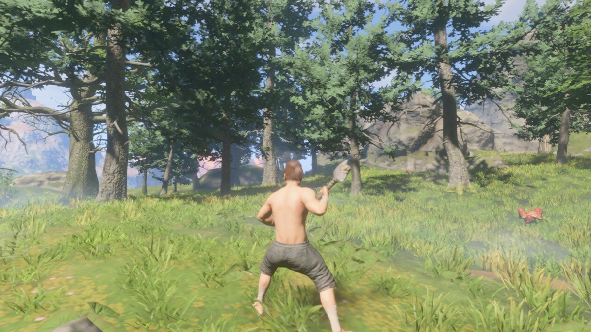 playing standing in front of forest holding an axe