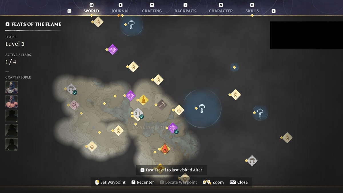 Enshrouded's map with yellow, red, and blue location icons covered in fog of war.