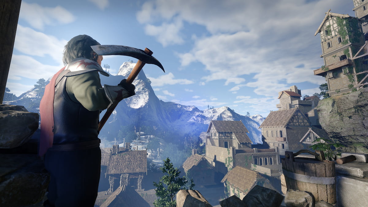 an enshrouded player holding a pickaxe and looking at a city