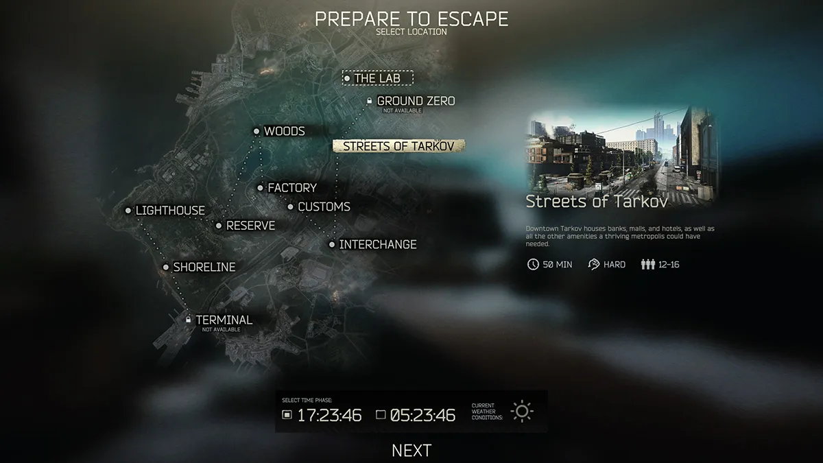 The raid location selection screen in Escape from Tarkov