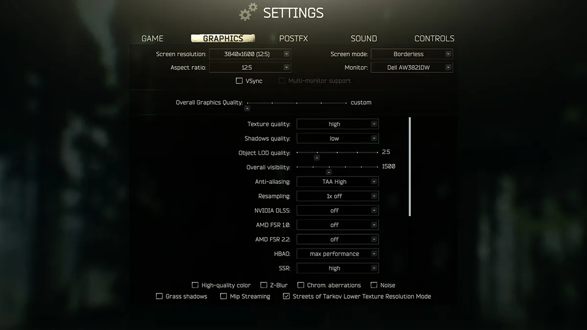 Settings menu screen in Escape from Tarkov