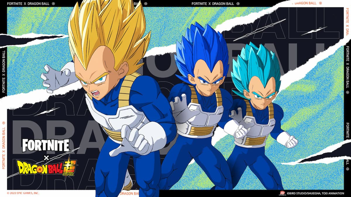 Super Saiyan Vegeta, Super Saiyan Blue Vegeta and Super Saiyan Blue Evolved Vegeta in Fortnite.