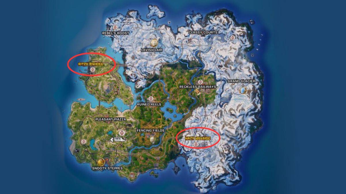Fortnite chapter 5 season 1 map with gold named hot drops circled.
