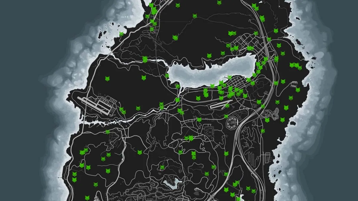Coyote animal locations on the GTA 5 Online map