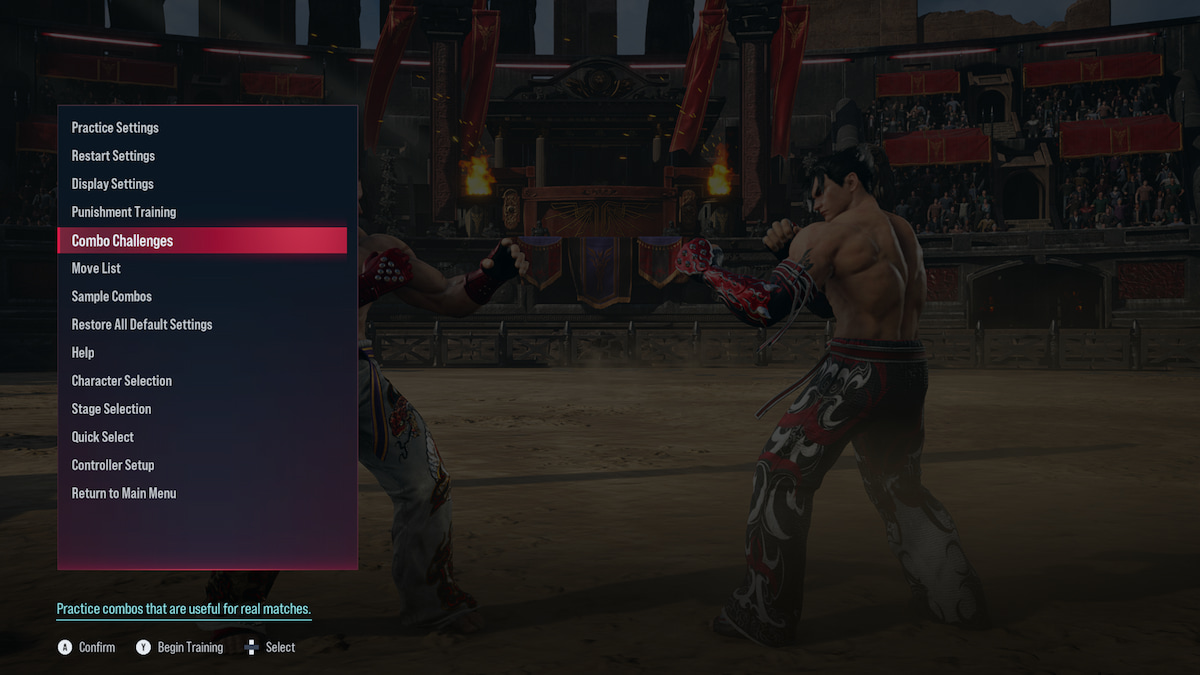 The Tekken 8 pause menu showing combo challenges during Practice mode.