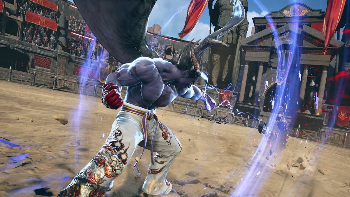 Kazuya turning into a devil to punch Jin away.