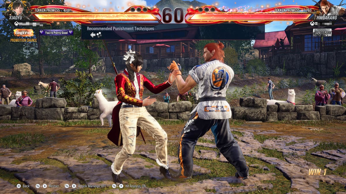 Xiaoyu vs Hwoarang, with the My Replay & Tips feature recommending a punishment technique.
