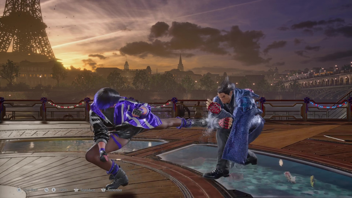 Kazuya blocking a low kick from Reina on a boat stage.