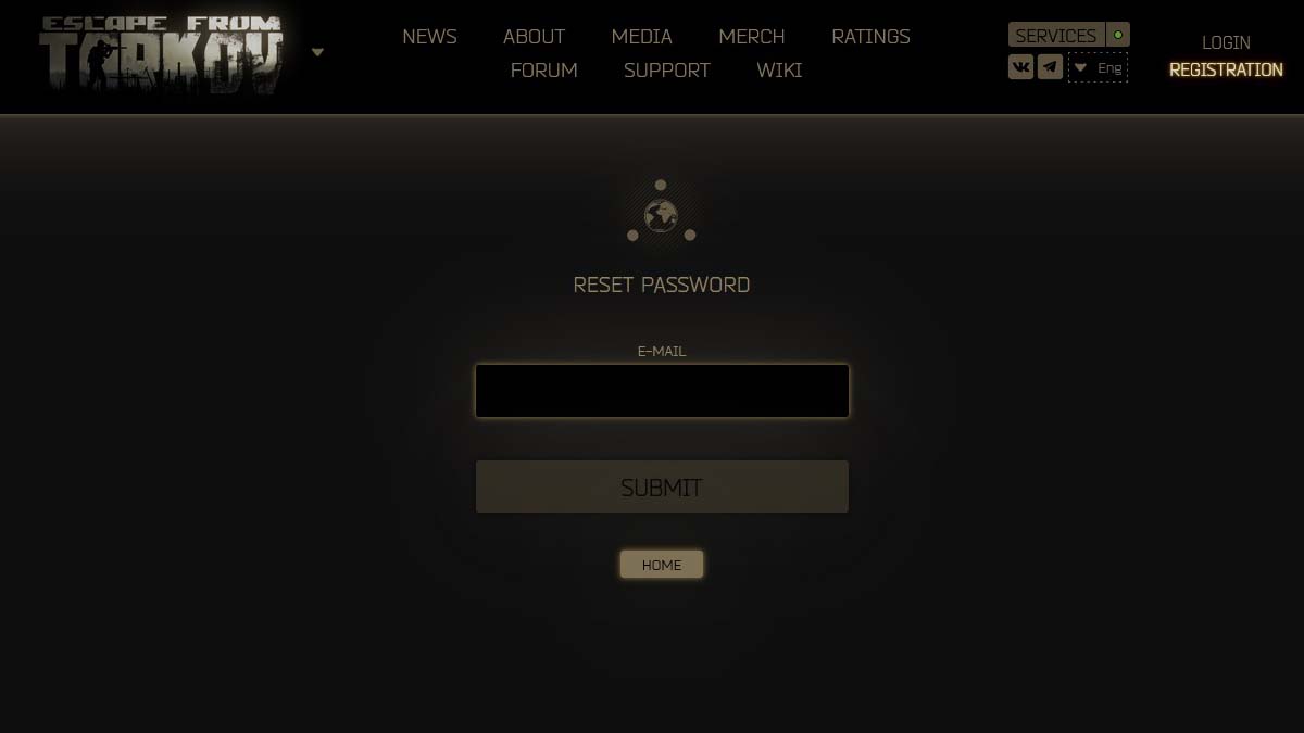 Password reset screen for Escape From tarkov