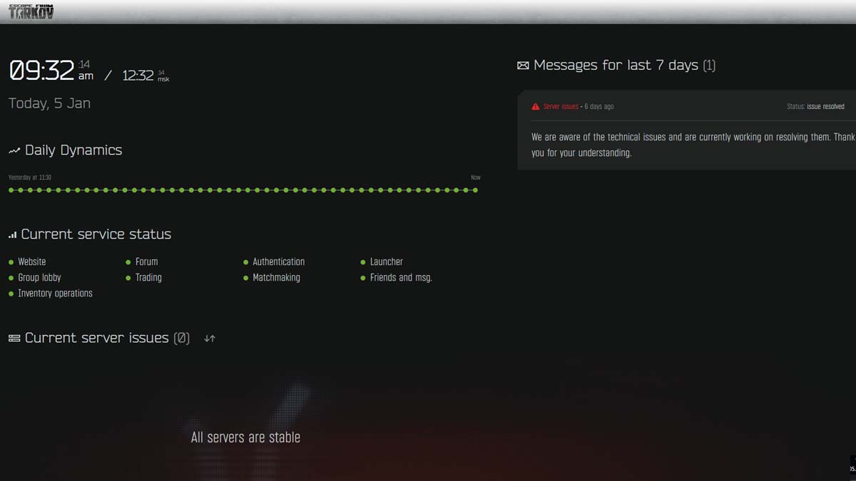 Server status page for Escape From Tarkov