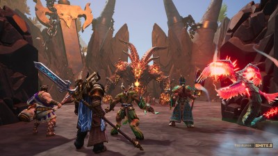 Heroes in armor and sorcerers fight a fire golem in a craggy desert location.