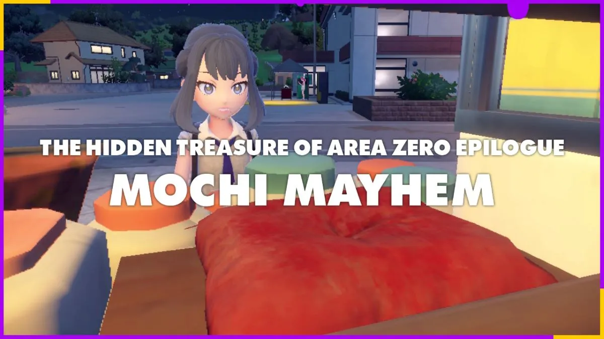 Mochi Mayhem title appears as player looks into shop window in Pokemon Scarlet and Violet