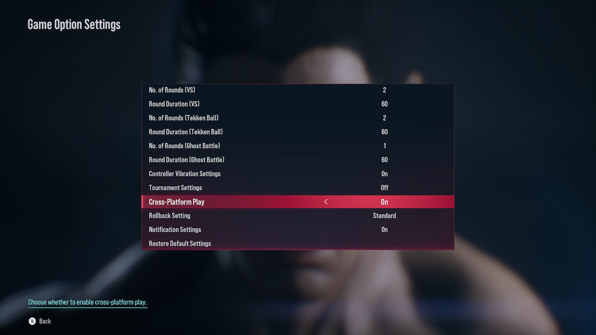 The Game Options Settings screen with Cross-Platform Play highlighted.
