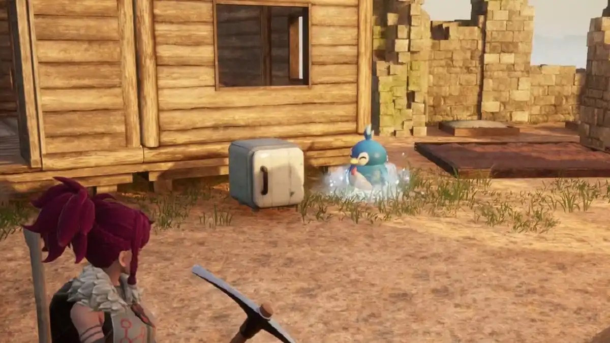 palworld character in front of a wooden house looking at his little blue pal approaching a small freezer
