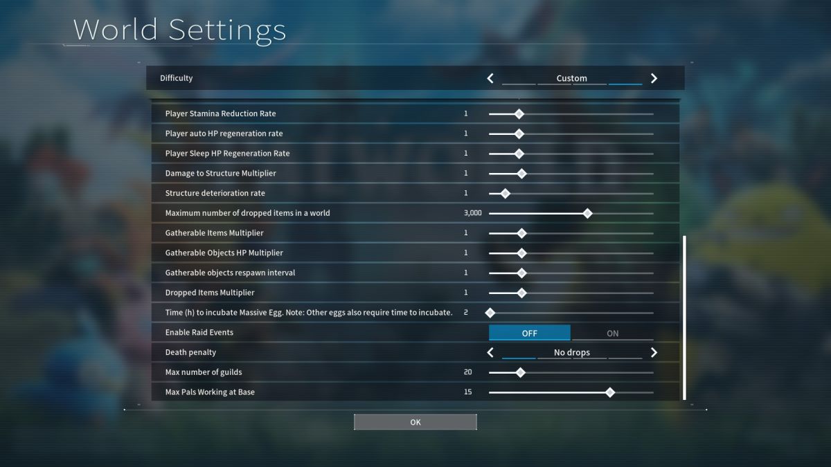 The raid option in Palworld's custom settings