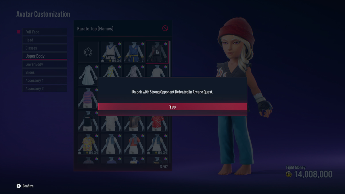The Avatar Customization screen, showing a locked Karate Top that requires a strong opponent to be beat.