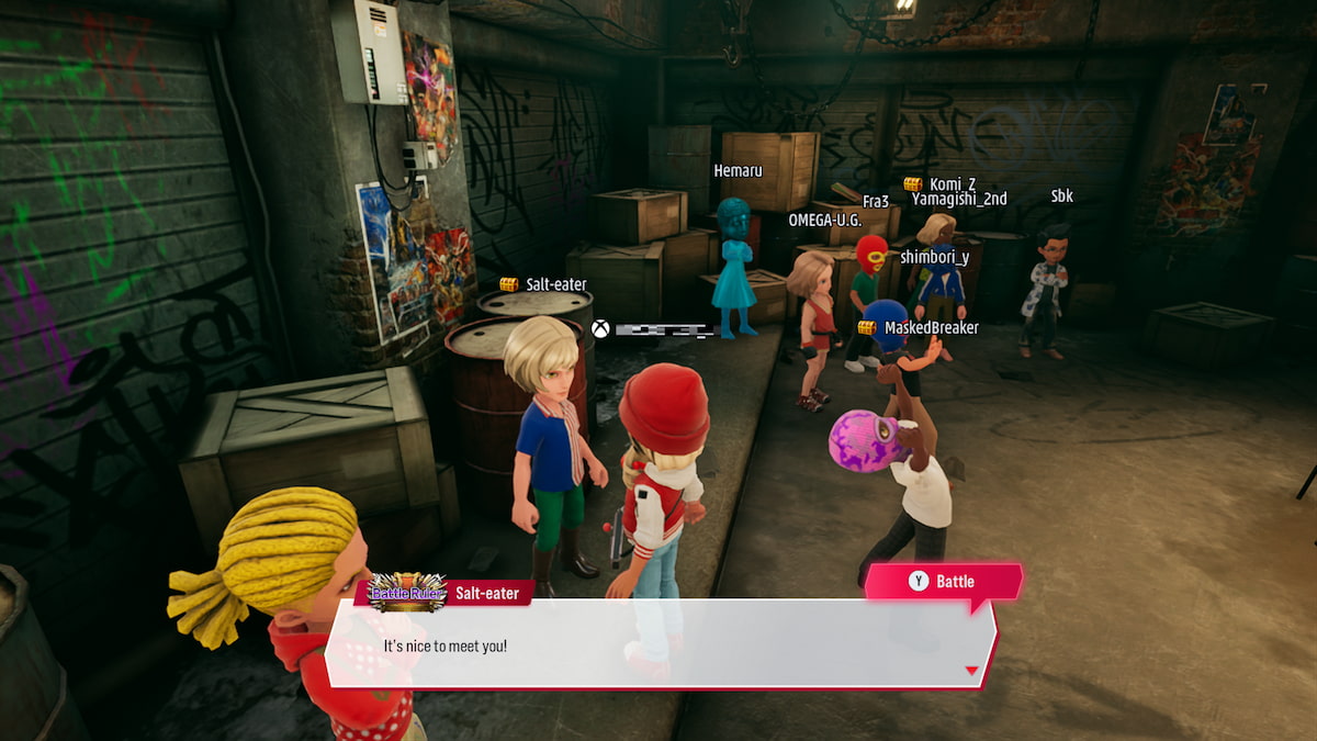 A player avatar surrounded by NPCs in the Super Ghost Battle Room.
