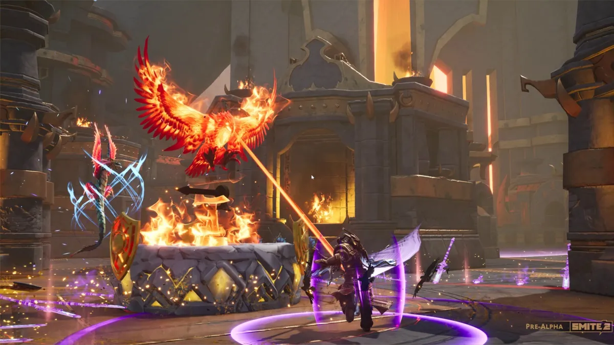 A phoenix attacking a player with a purple spell buff aura in an arena.