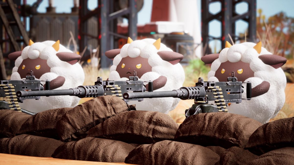 A group of Lamball wield guns in Palworld