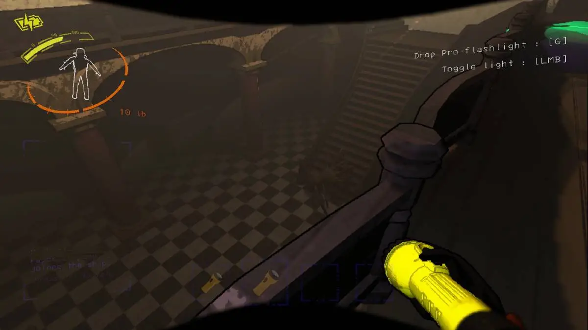 The player looking at a Bunker Spider at the bottom of stairs in Lethal Company
