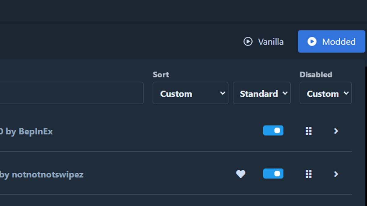 The Vanilla and Modded buttons on the Thunderstore Mod Manager.