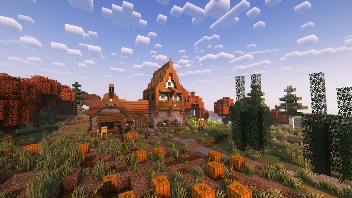 Minecraft bright, open landscape with flowers and a house.