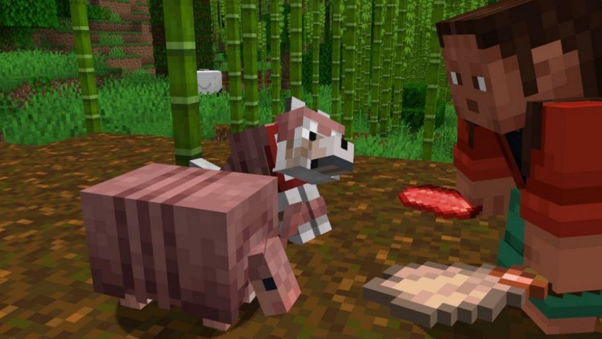 An armadillo and wolf in Minecraft