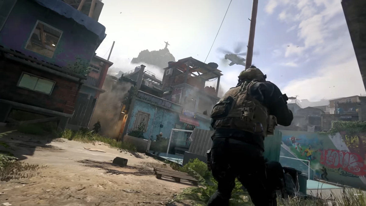A soldier running through buildings with a helicopter above in MW3.