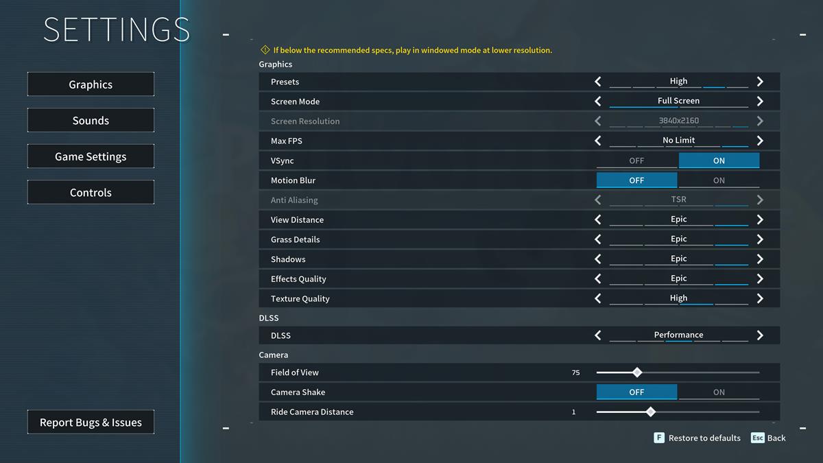 Palworld PC performance settings menu. 