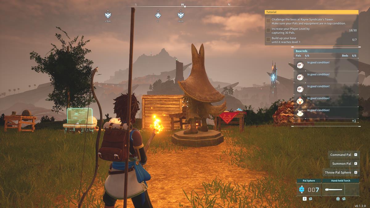 Palworld character with a staff stands in front of a fire in a camp at dusk.