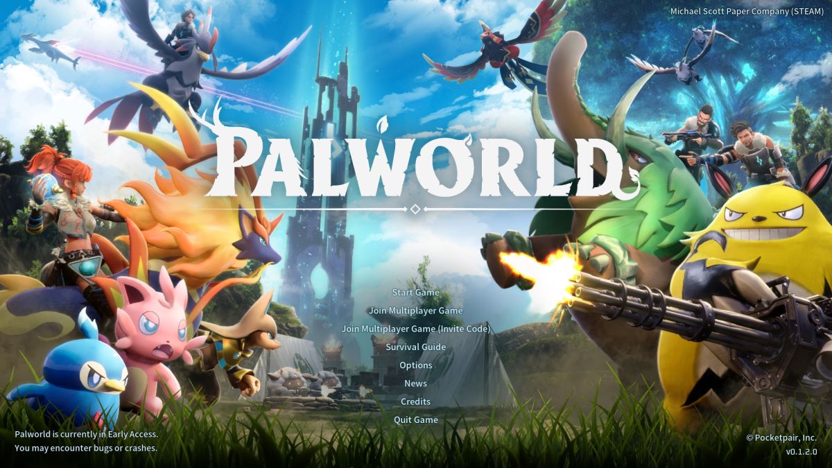 The main menu screen in Palworld