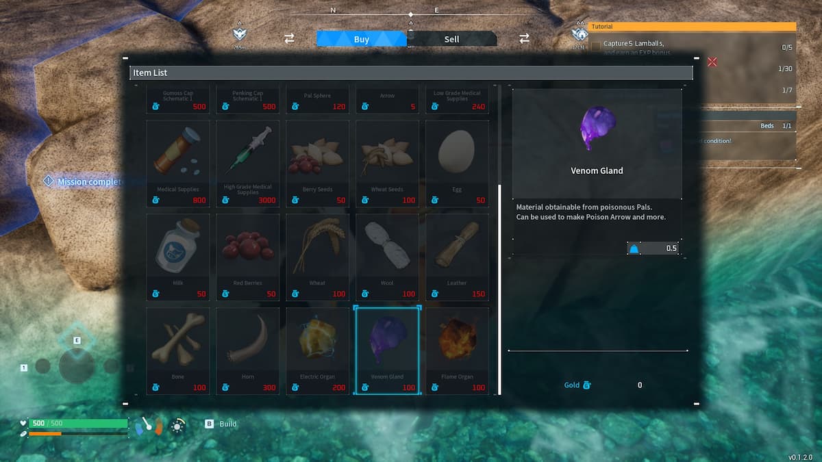 Merchant inventory with Venom Gland highlighted.