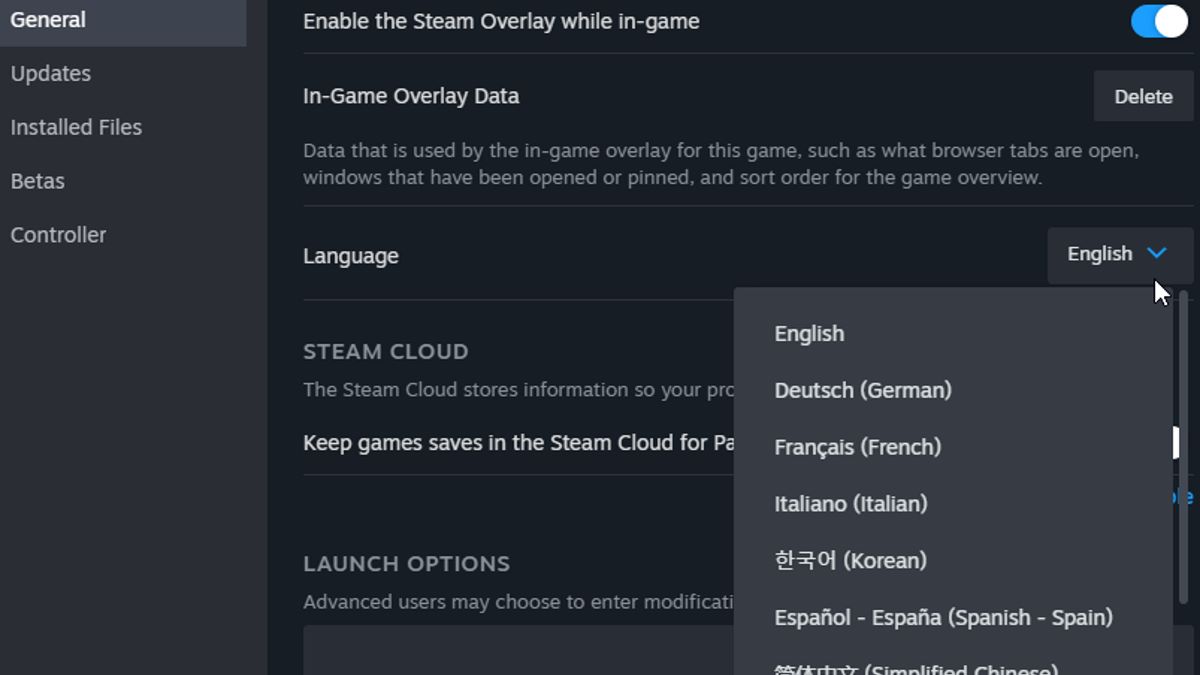 The Steam menu to change language in Palworld