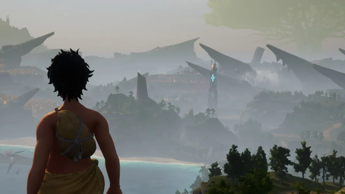 The player staring out over the mountains in Palworld