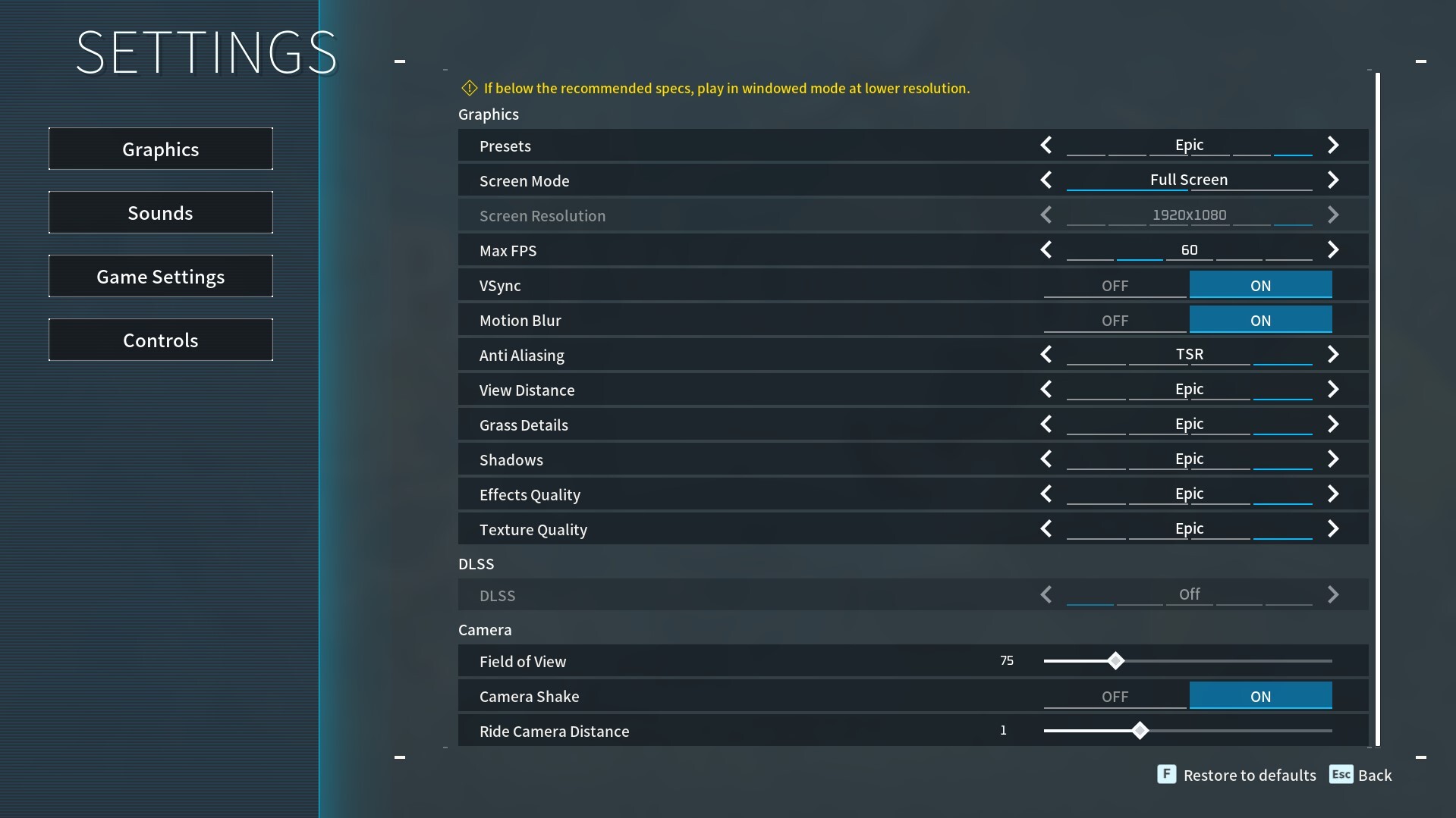 The DLSS option greyed out in Palworld's graphics options.