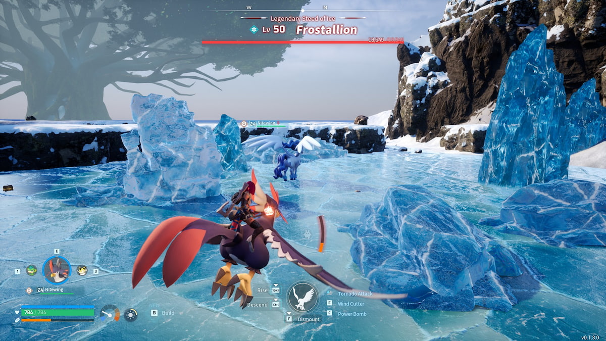 Player flying toward Frostallion in snowy biome
