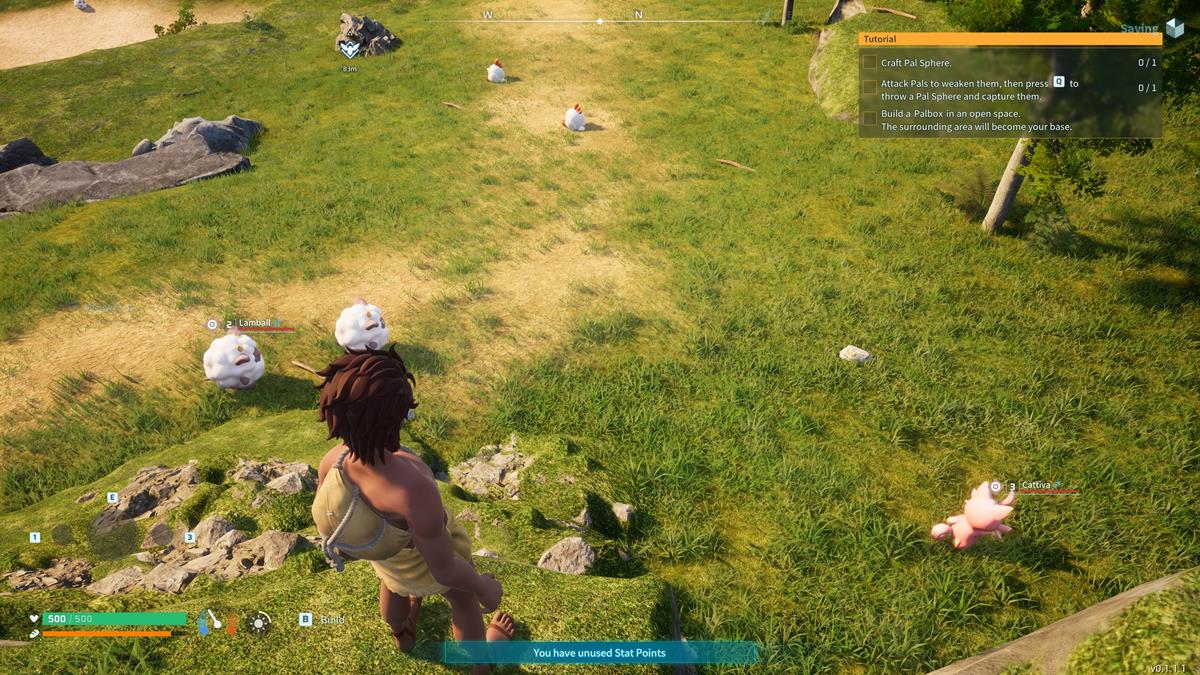 Player standing in a grass area in Palworld looking at stones on the ground.