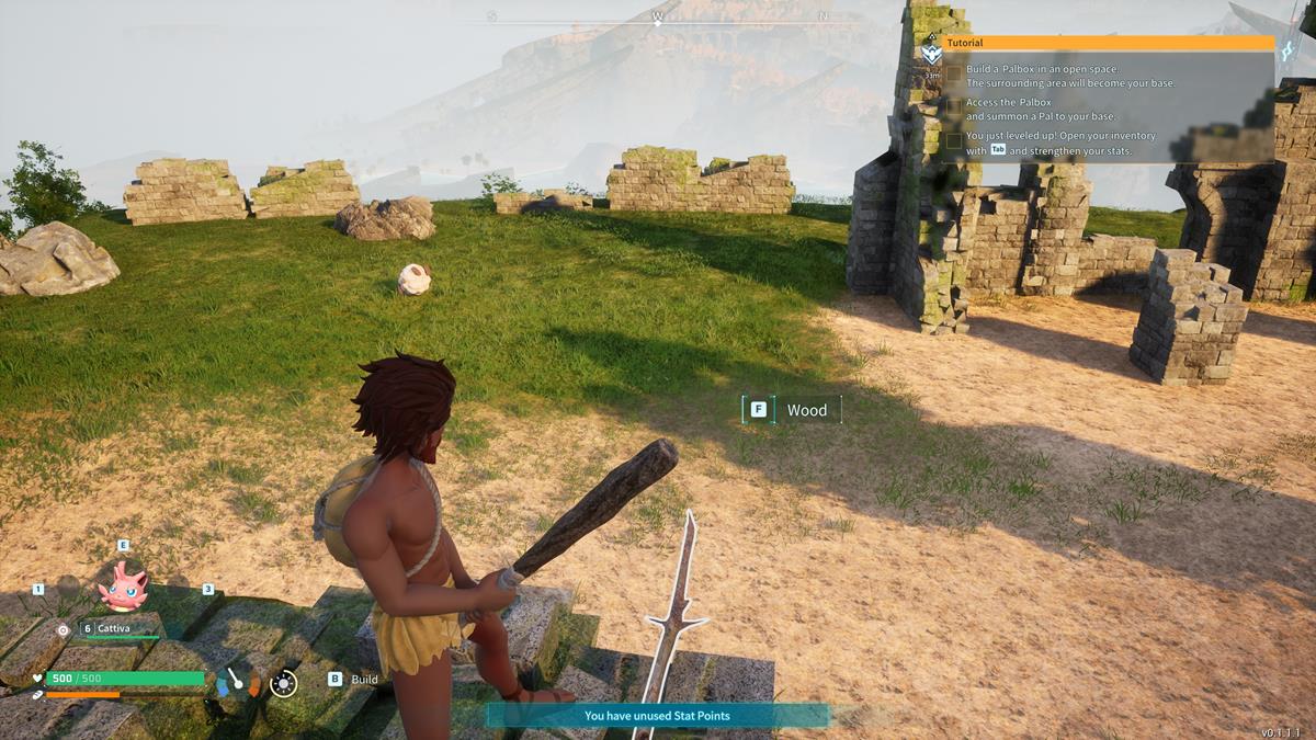 A player holding a stone axe in a grassy area in Palworld.