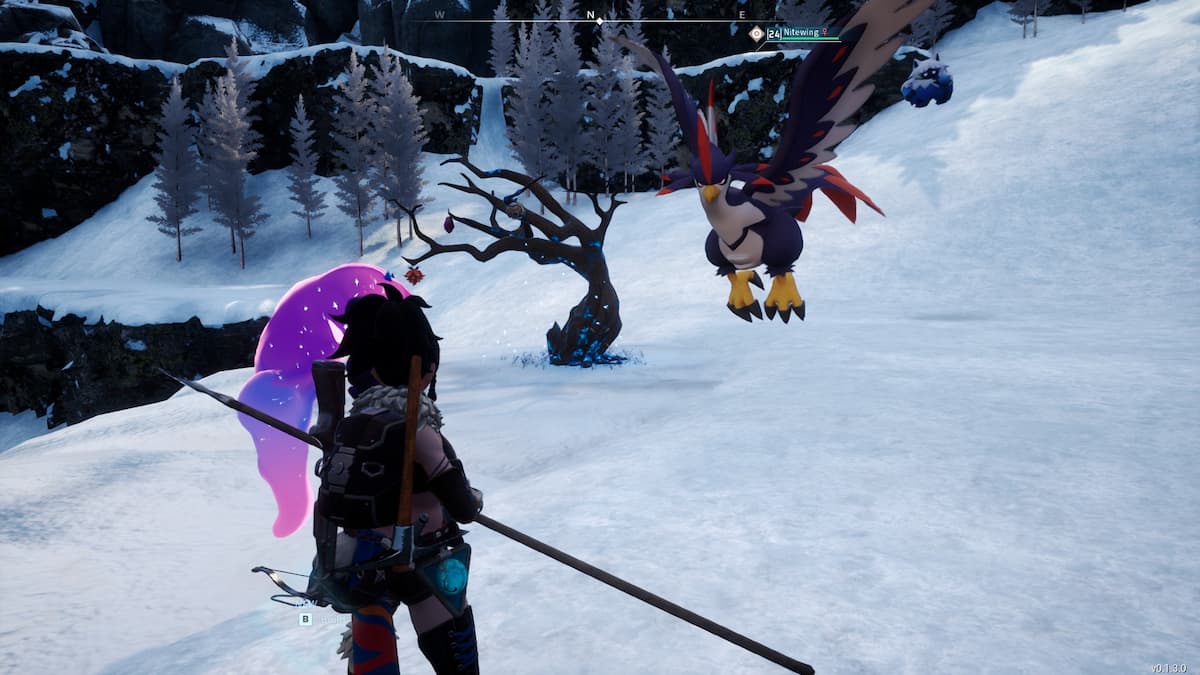 Character and Pals in a snowfield in front of a Skill Tree.